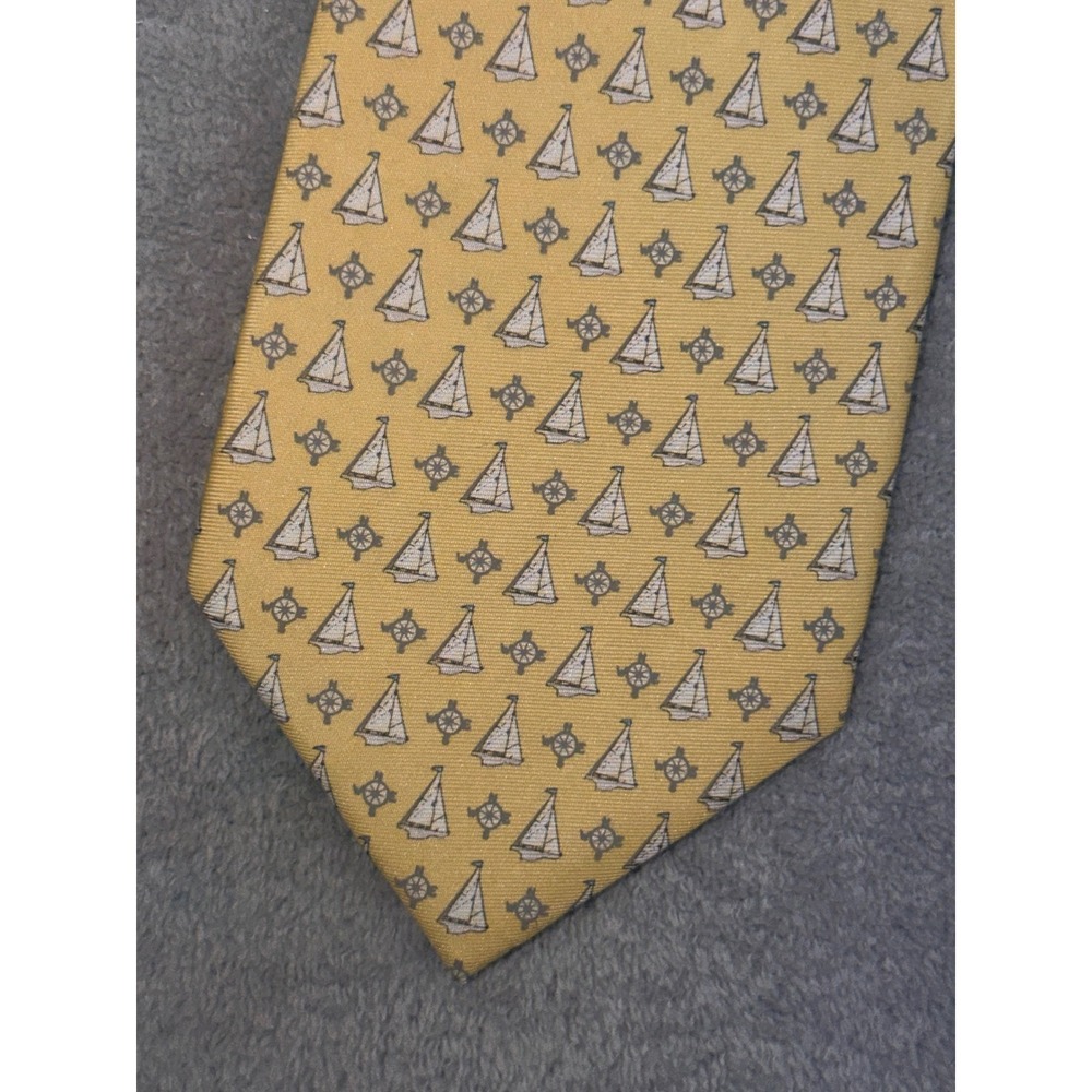 Alynn Mens Yellow Silk Nautical Sailboat Ship Wheel Print Handmade Necktie‎ Tie